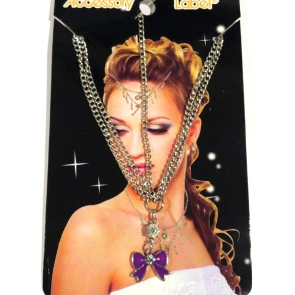 Silver tone Layered Forehead Jewelry - Head Chain Purple Bow - Women's Fashion